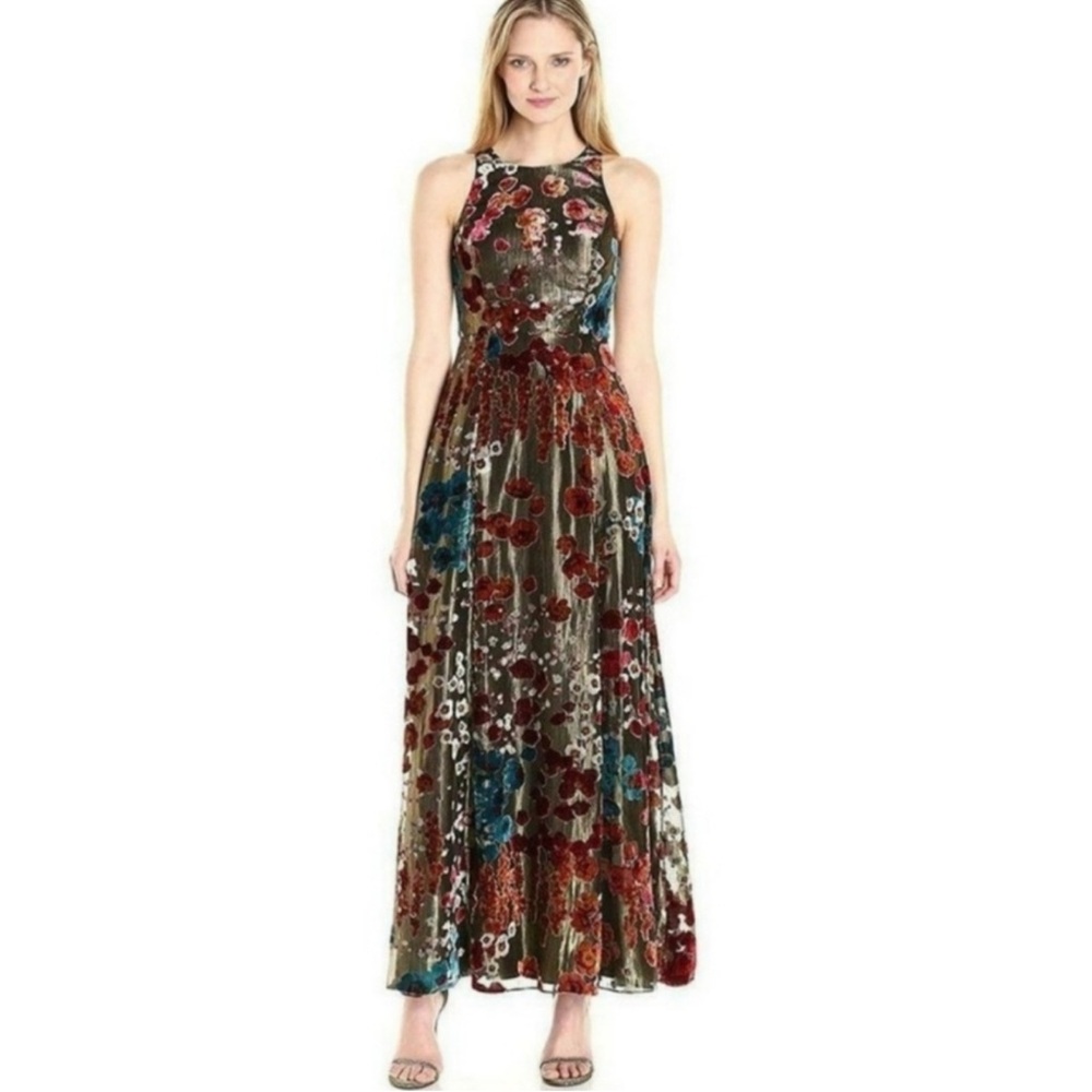 Aidan Mattox Burnout Floral Metallic Gown Long Maxi Dress Holiday Christmas 4